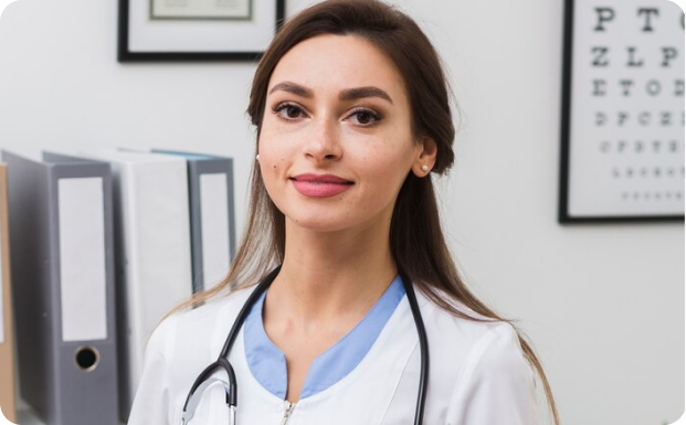 A healthcare professional in a white coat with a stethoscope around their neck stands in a medical office. The background features an eye chart on the wall, framed certificates, and shelves with folders.