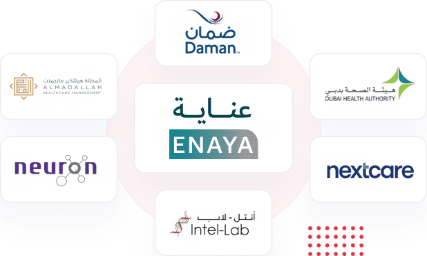 A collection of logos from various healthcare and insurance providers associated with Intelligent Care, a homecare service in Dubai. The logos are arranged in a grid pattern on a black background, each within its own white diamond-shaped frame. The logos include Neuron, Enaya Insurance, Al Madallah Healthcare, NAS, Saada, Nextcare, Daman, and Sukoon Insurance, showcasing partnerships in the healthcare sector.