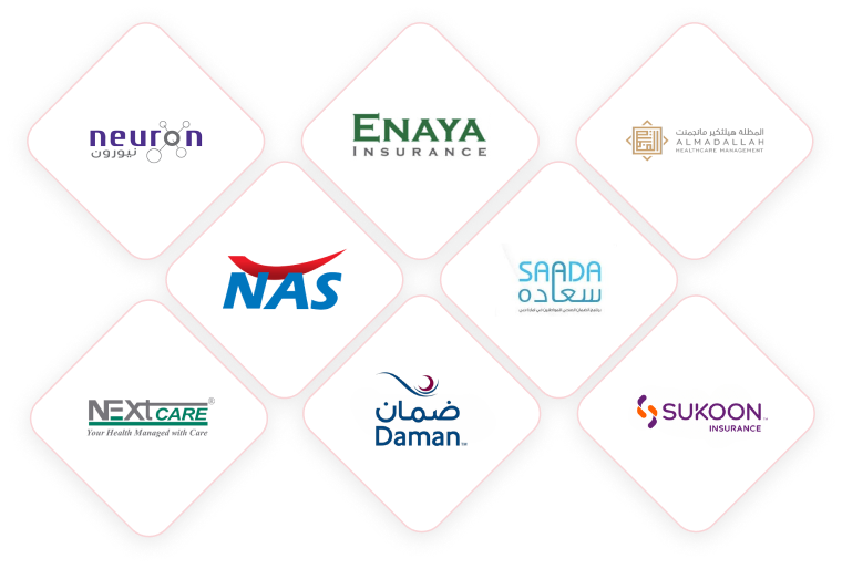 A collection of logos from various healthcare and insurance providers associated with Intelligent Care, a homecare service in Dubai. The logos are arranged in a grid pattern on a black background, each within its own white diamond-shaped frame. The logos include Neuron, Enaya Insurance, Al Madallah Healthcare, NAS, Saada, Nextcare, Daman, and Sukoon Insurance, showcasing partnerships in the healthcare sector.