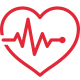 Red icon of a heart with an electrocardiogram (ECG) line, symbolizing health and medical care.