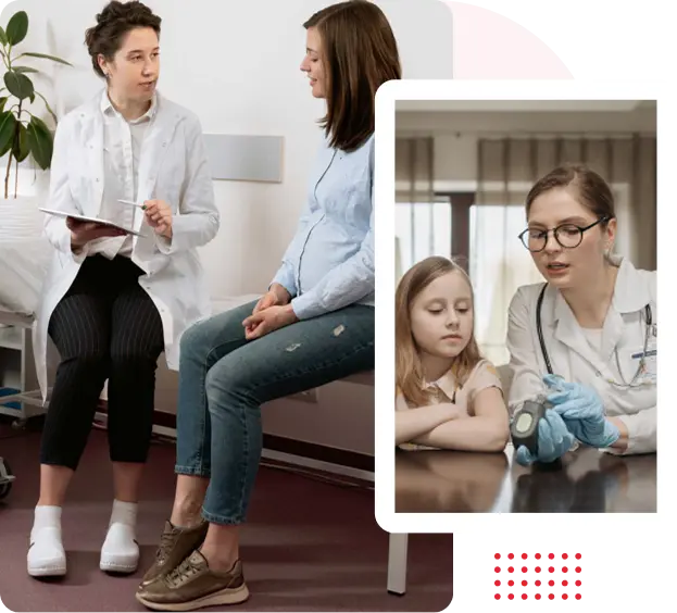 A split-image scene featuring healthcare interactions. On the left, a healthcare professional in a white coat consults with a pregnant woman seated in a waiting area, holding a clipboard. On the right, another healthcare professional in a white coat examines a young girl with a medical device, with both seated at a table. This image is featured on the Intelligent Care website, a homecare service in Dubai.