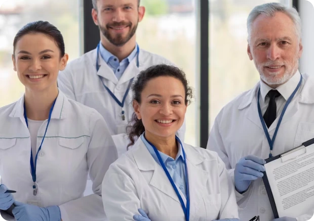 A group of four medical professionals in white lab coats, wearing blue gloves and lanyards, stand together in a modern office with large windows. One holds a clipboard with documents, and they all smile confidently.